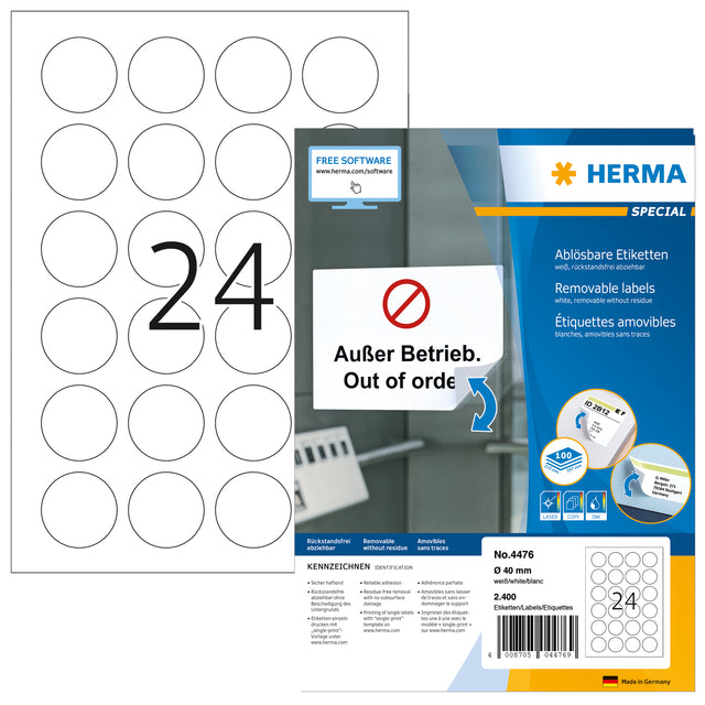 HERMA - Etiquette 4476 40mm amovible blanche 2400 étiquettes
