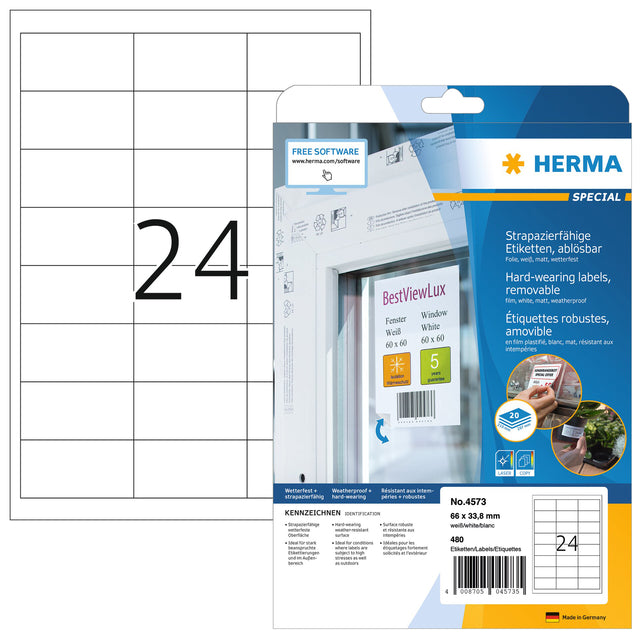 HERMA - Etiket  4573 66x33.8mm folie wit 480st