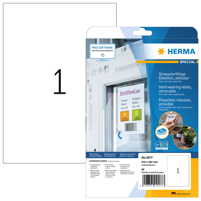 HERMA - Etiket herma 4577 210x297mm a4 folie 20st wit