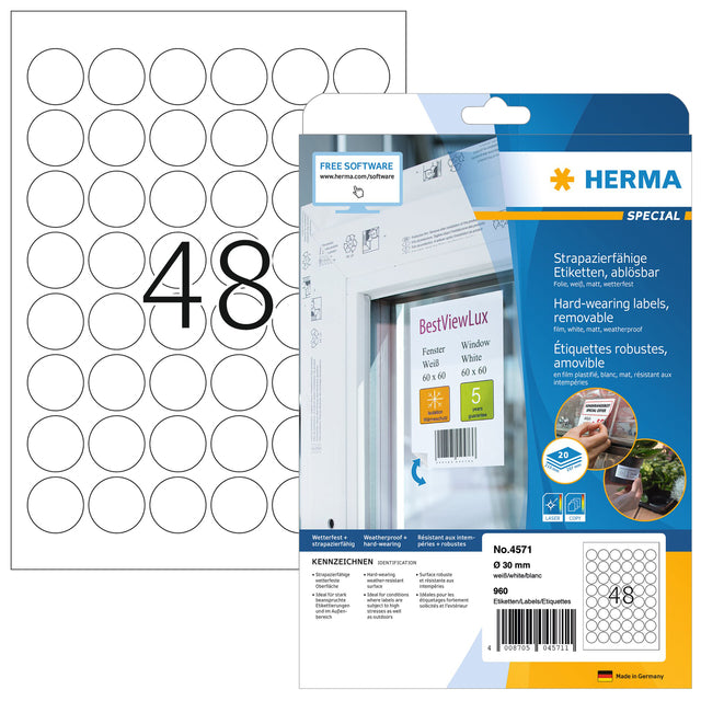 HERMA - Etiquette 4571 Feuille ronde 30 mm blanche 960 étiquettes