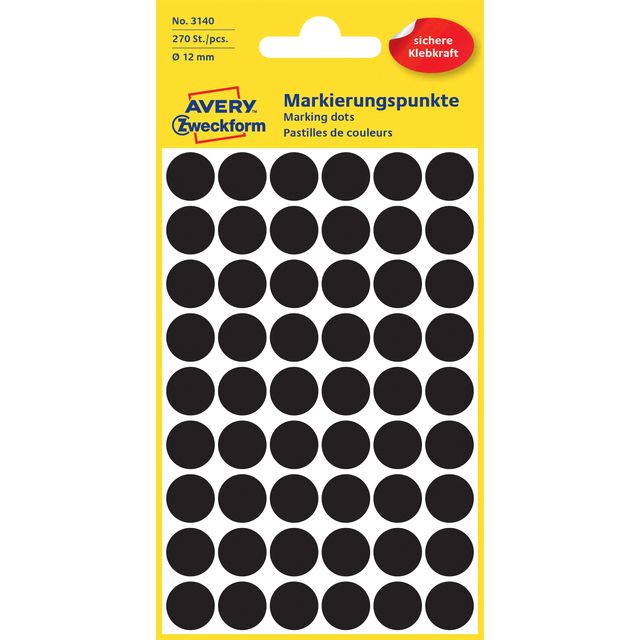 Avery Zweckform -  Etiket avery 3140 rond 12mm zwart 270st