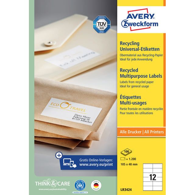 Avery Zweckform - Witte gerecycleerde universele etiketten ft 105 x 48 mm (b x h), 1.200 stuks, 12 per blad