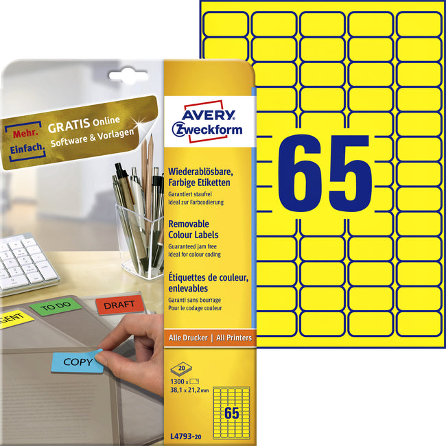 Avery Zweckform - Étiquette Zweckform L4793-20 38,1x21,2mm jaune 1300 étiquettes