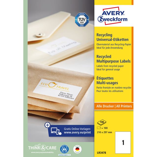 Avery Zweckform - weiße recycelte Universalbezeichnungen ft 210 x 297 mm (B x H), 100 Stück, 1 pro Blatt