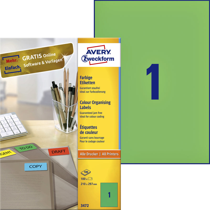 Avery Zweckform - Étiquette Zweckform 3472 210x297mm A4 vert 100 pièces