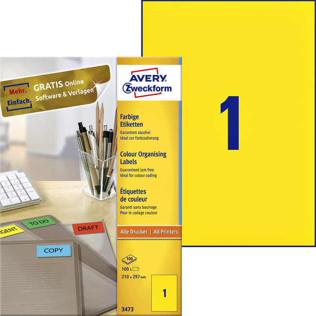 Avery Zweckform - Étiquette Zweckform 3473 210x297mm A4 jaune 100 pièces