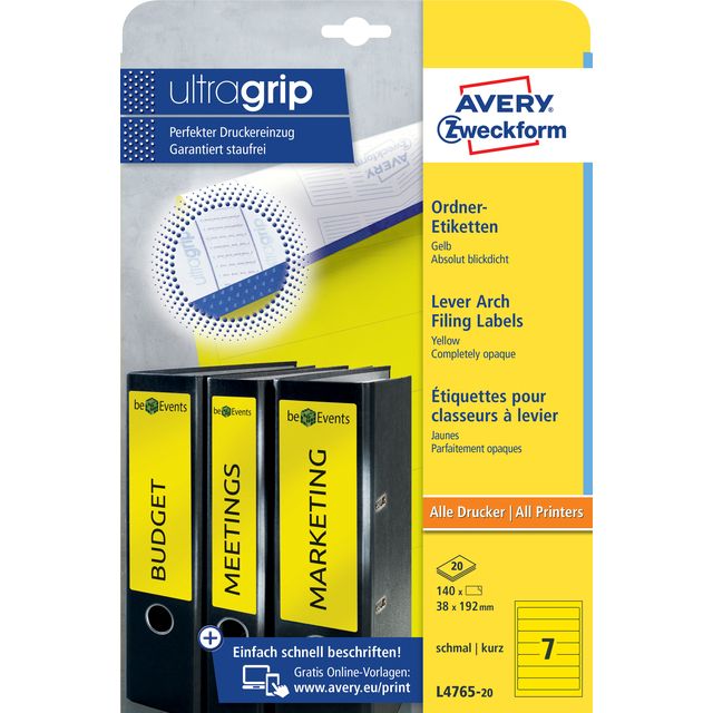 Avery Zweckform - Contre-étiquette Zweckform étroite 38x192mm autocollante jaune