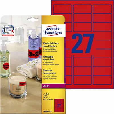 Avery - Etiquette L6003-25 63,5x29,6 rouge fluo 675 étiquettes