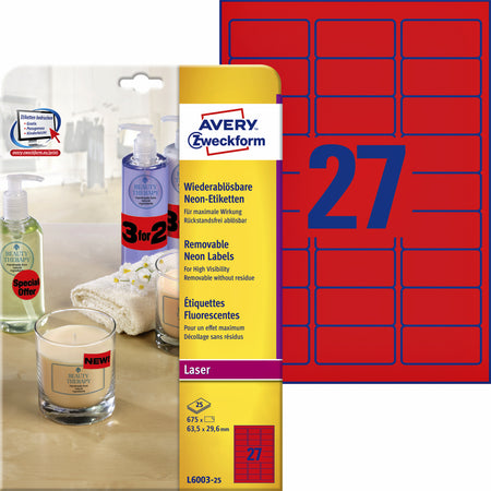 Avery - Etiquette L6003-25 63,5x29,6 rouge fluo 675 étiquettes