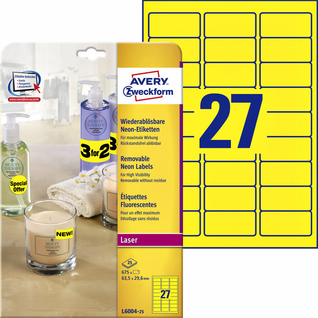 Avery - Étiquette L6004-25 63,5x29,6 jaune fluo 675 étiquettes | 5 pièces