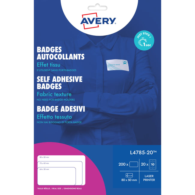Avery - Étiquette pour badge nominatif L4785-20 80x50mm 200 étiquettes | 5 pièces