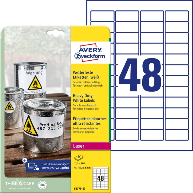 Avery -  Etiket  l4778-20 45.7x21.2mm wit 960st