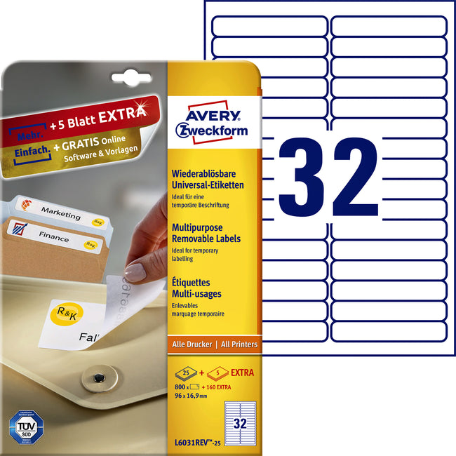 Avery Zweckform -  Etiket Zweckform L6031REV-25 96x16.9mm afneembaar wit 800 stuks