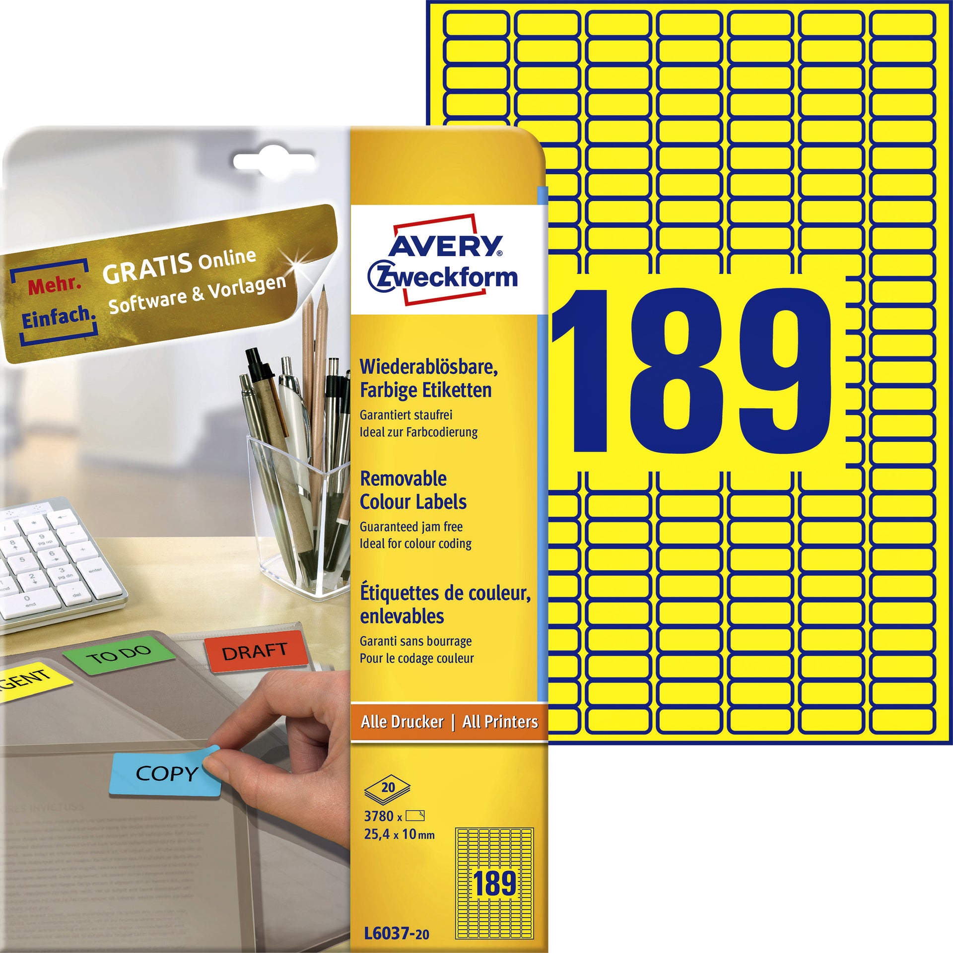 Avery Zweckform - Étiquette Zweckform L6037-20 25,4x10mm jaune 3780 pièces