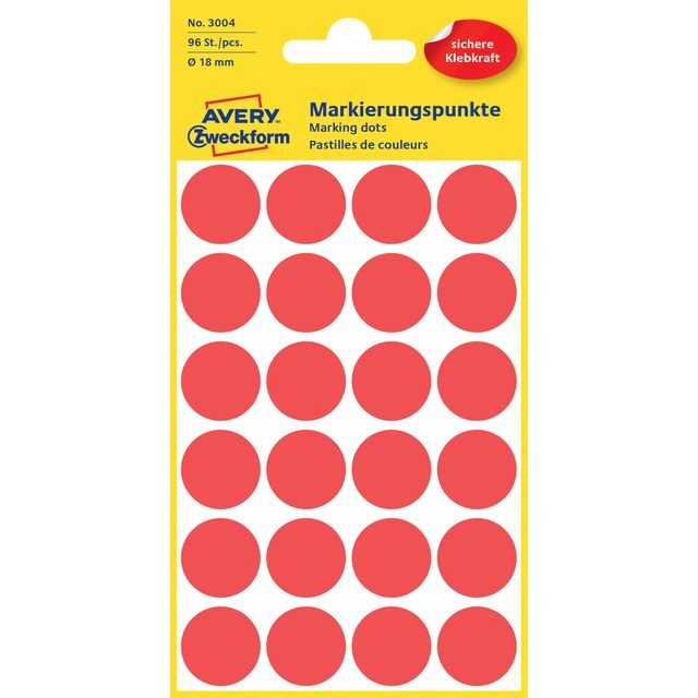 Avery Zweckform -  Etiket avery 3004 rond 18mm rood 96st