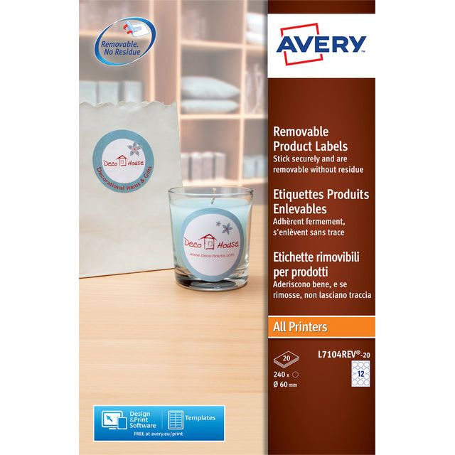 Avery - L7104Rev -20 Wechselproduktetiketten, Durchmesser 60 mm, 240 Etiketten, Weiß