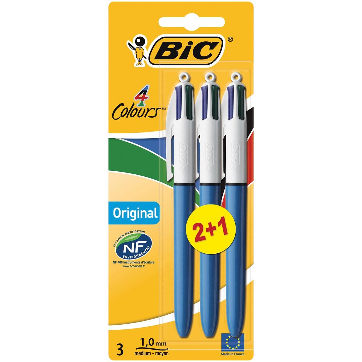BIC -  Colours Original 4-kleurenbalpen, medium, klassieke inktkleuren, blauw, op blister 2+1 gratis
