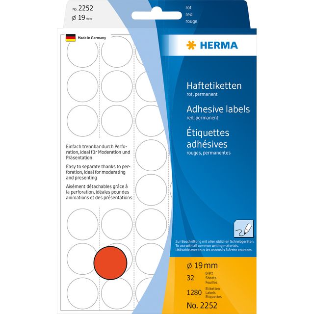HERMA -  Etiket  2252 rond 19mm rood 1280st