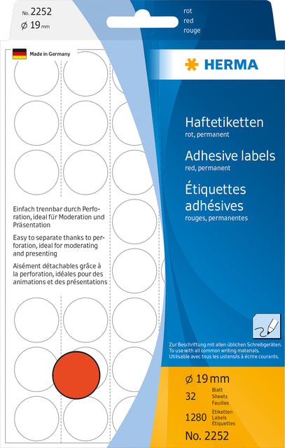 HERMA - Etiquette 2252 ronde 19mm rouge 1280 pièces