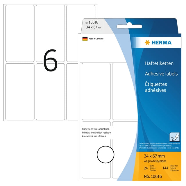 HERMA - Etiquette 10616 34x67mm amovible 144 étiquettes