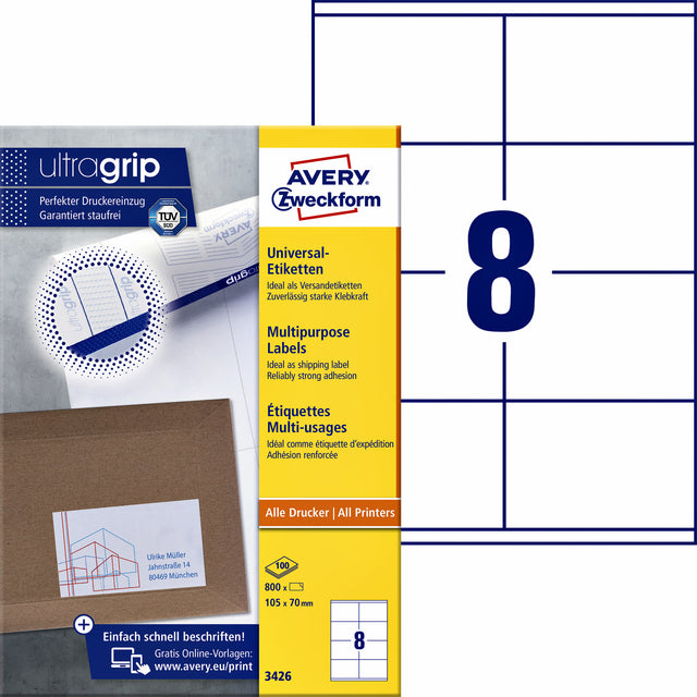 Avery Zweckform - Zweckform 3426, Universele etiketten, Ultragrip, wit, 100 vel, 8 per vel, ft 105 x 70 mm