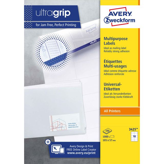 Avery Zweckform - Zweckform 3425, labels universels, ultragrip, blanc, 100 feuilles, 10 par feuille, ft 105 x 57 mm