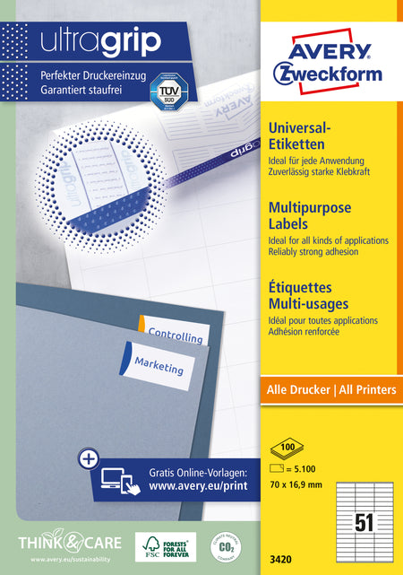Avery Zweckform -  Etiket avery 3420 70x16.9mm wit 5100st