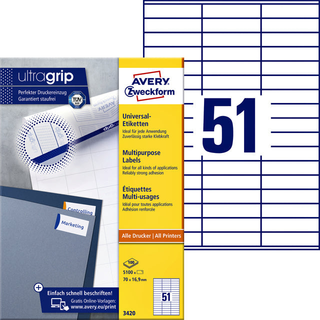 Avery Zweckform - Zweckform 3420, Universele etiketten, Ultragrip, wit, 100 vel, 51 per vel, 70 x 16,9 mm