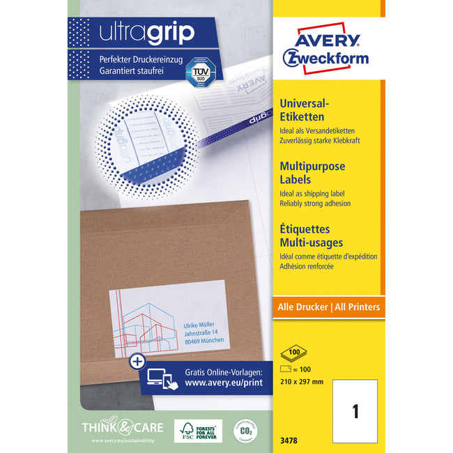 Avery Zweckform -  Etiket avery 3478 210x297mm a4 wit 100st