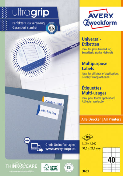 Avery Zweckform - Étiquette Zweckform 3651 52,5x29,7mm blanc 4000 pièces