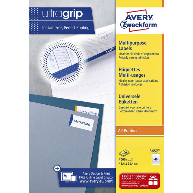 Avery Zweckform - Zweckform 3657, Universele etiketten, Ultragrip, wit, 100 vel, 40 per vel, 48,5 x 25,4 mm