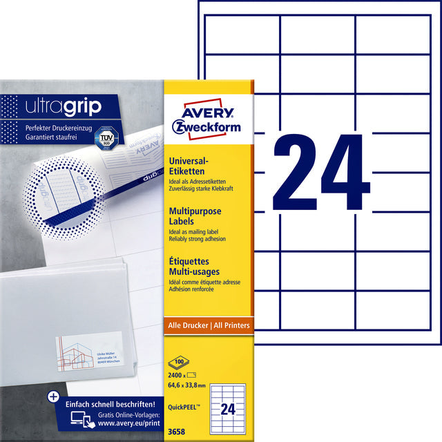 Avery Zweckform - Zweckform 3658, Universele etiketten, Ultragrip, wit, 100 vel, 24 per vel, 64,6 x 33,8 mm