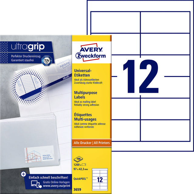 Avery Zweckform - Zweckform 3659, Universele etiketten, Ultragrip, wit, 100 vel, 12 per vel, 97 x 42,3 mm