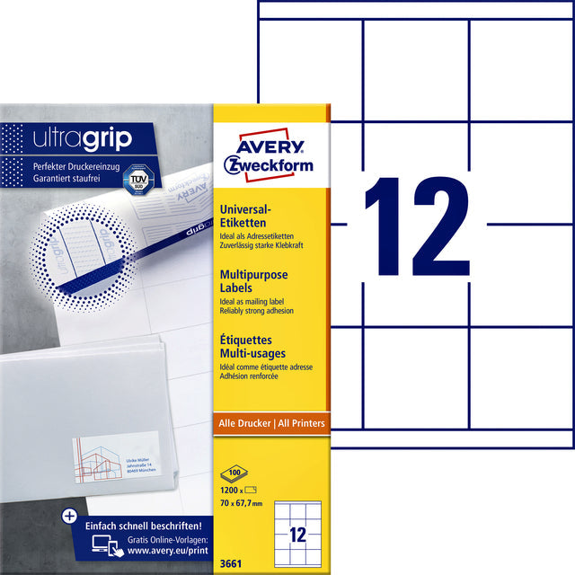 Avery Zweckform - Zweckform 3661, labels universels, ultragrip, blanc, 100 feuilles, 12 par feuille, 70 x 67,7 mm