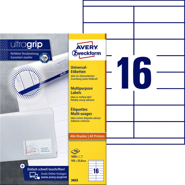 Avery Zweckform - Zweckform 3665, Universal Labels, UltraGrip, Weiß, 100 Blätter, 16 pro Blatt, 105 x 33,8 mm