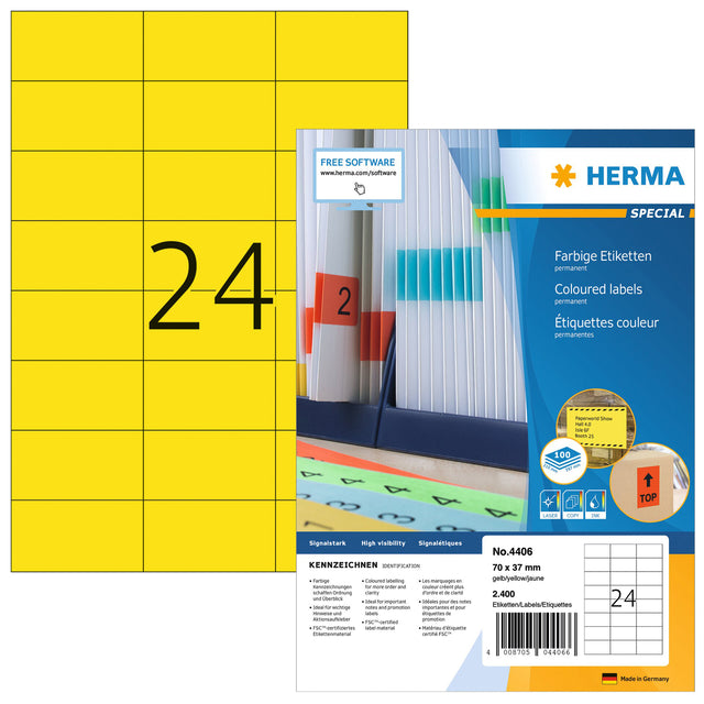 HERMA -  Etiket 4406 70x37mm geel 2400 etiketten