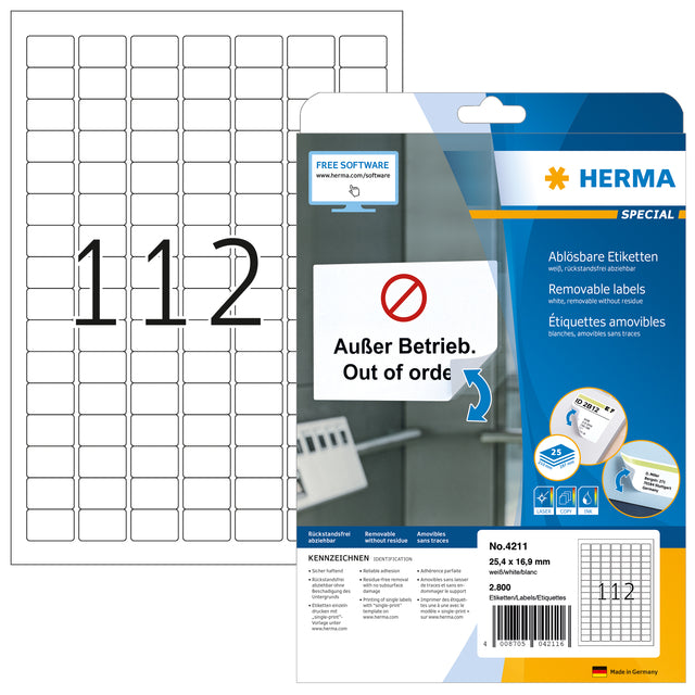 HERMA -  Etiket 4211 25.4x16.9mm verwijderbaar wit 2800 etiketten