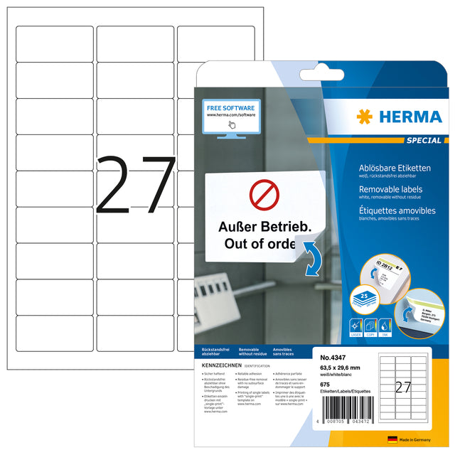 HERMA -  Etiket  4347 63.5x29.6mm verwijderb wit 675st