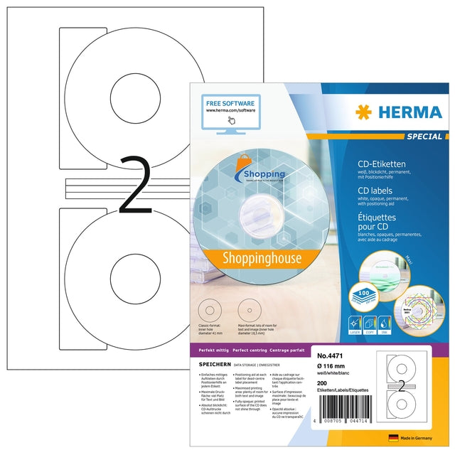 HERMA -  Etiket  4471 cd 116mm wit opaqua 200st