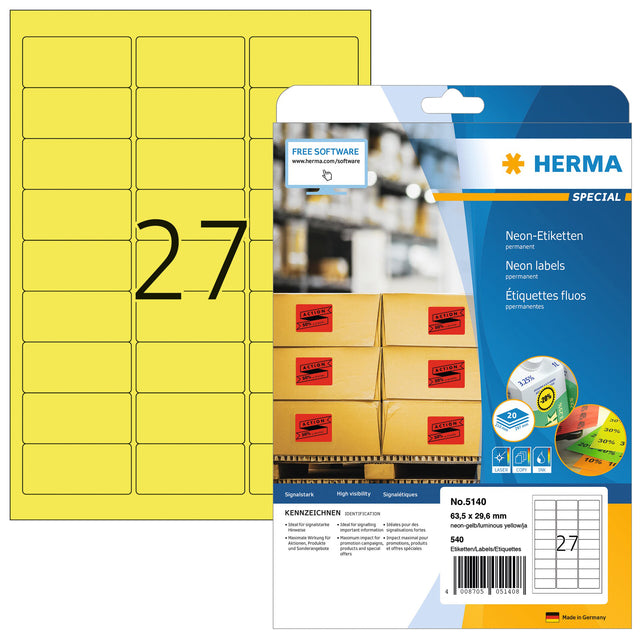 HERMA - Etikett 5140 63,5 x 29,6 mm neongelbe 540 Etiketten