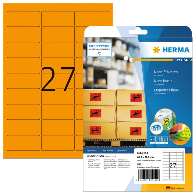 HERMA - Etikett 5141 63,5 x 29,6 mm neonorange 540 Etiketten
