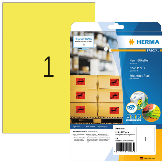 HERMA - Etiquette 5148 210x297mm A4 jaune fluo 20 pièces