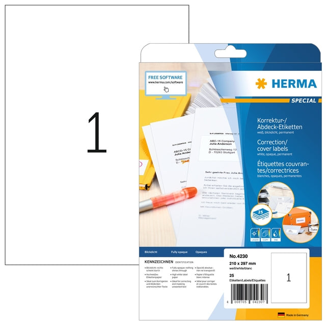 HERMA - Etiquette 4230 210x297mm A4 correction blanc 25 pièces