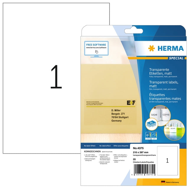 HERMA - Etiket herma 4375 210x297mm a4 transparant 25 stuks