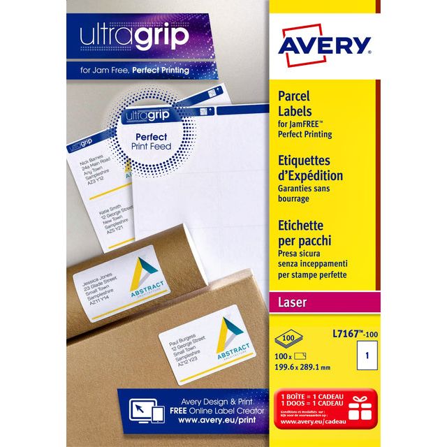 Avery - L7167, étiquettes d'expédition, laser, ultragrip, blanc, 100 feuilles, 1 par feuille, 199,6 x 289,1 mm