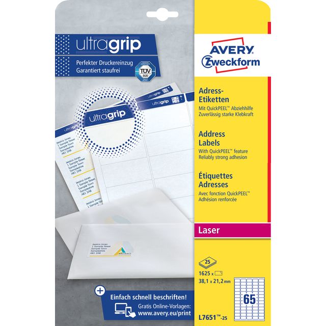 Avery - Etiquette L7651-25 38,1x21,2mm blanc 1625 étiquettes