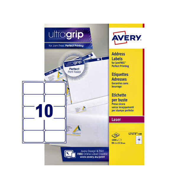 Avery - L7173, Verzendetiketten, Laser, Ultragrip, wit, 100 vellen, 10 per vel, 99,1 x 57 mm