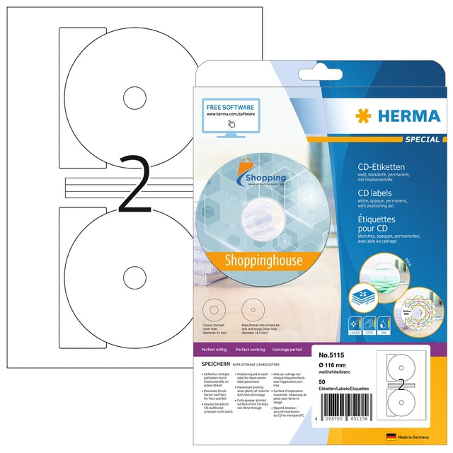 HERMA - Etiquette 5115 CD 116mm blanc 50 pièces
