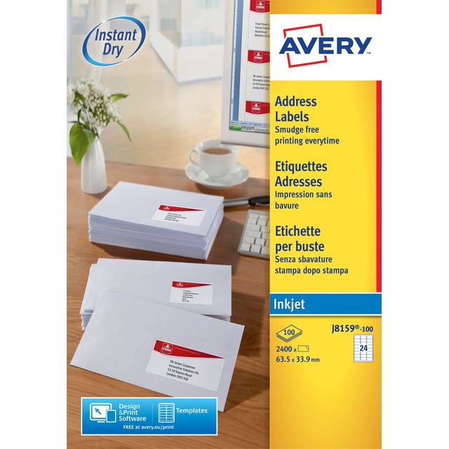 Avery - witte etiketten QuickDry ft 63,5 x 33,9 mm (b x h), 2.400 stuks, 24 per blad