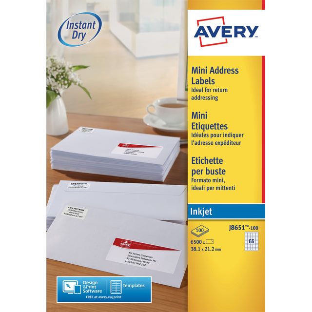 Avery - witte etiketten QuickDry ft 38,1 x 21,2 mm (b x h), 6.500 stuks, 65 per blad